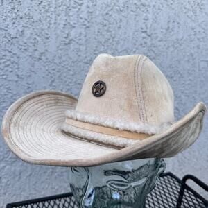 Vintage GW Faux Suede Western Cowboy Hat Sherpa Trimmed Band Large 7 1/4 / 7 3/8